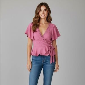 Meraki Wrap Blouse Small Pink Flutter Sleeve Peplum Boho Cottagecore Romantic